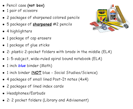Fifth Grade Supply List